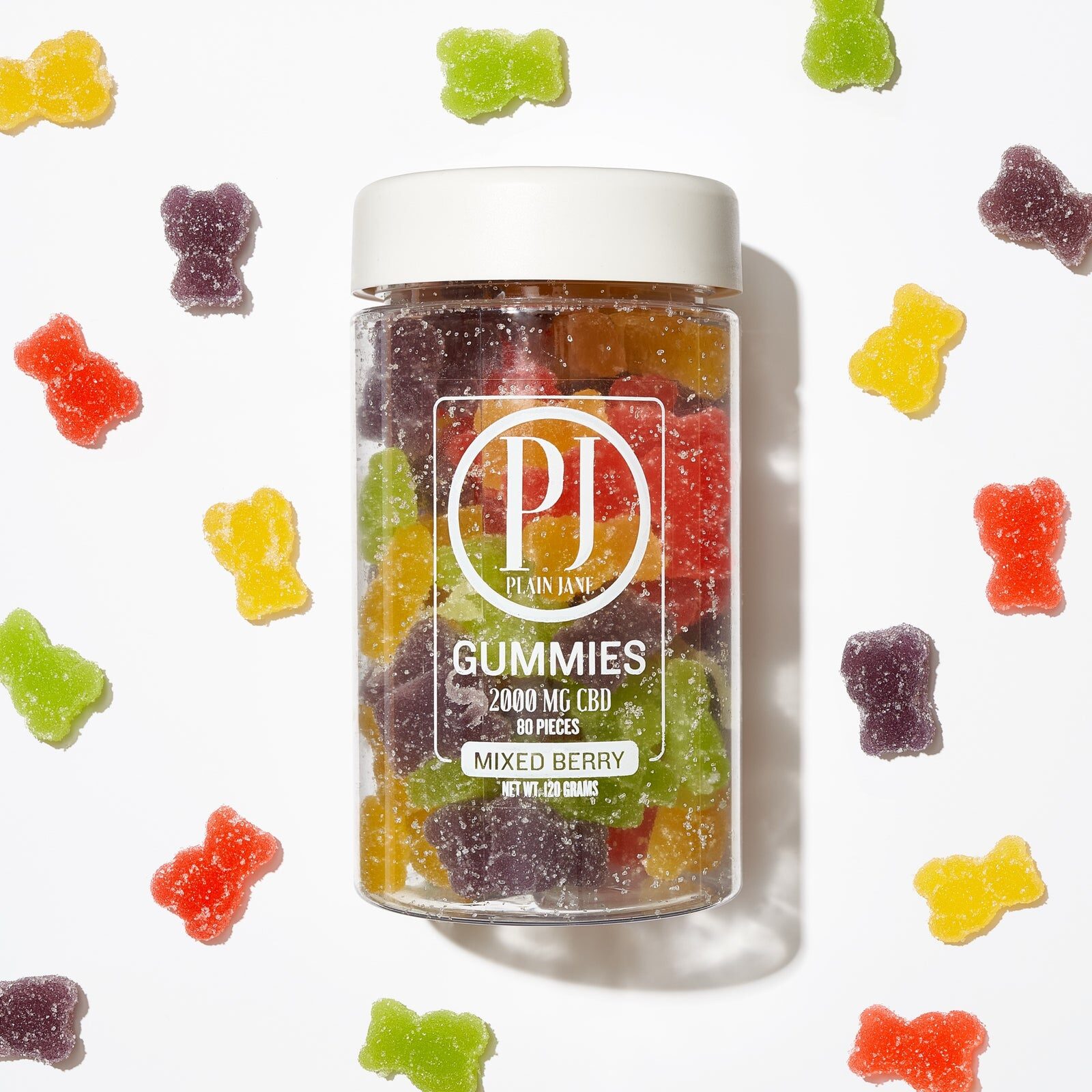Colorful gummies scattered around a jar